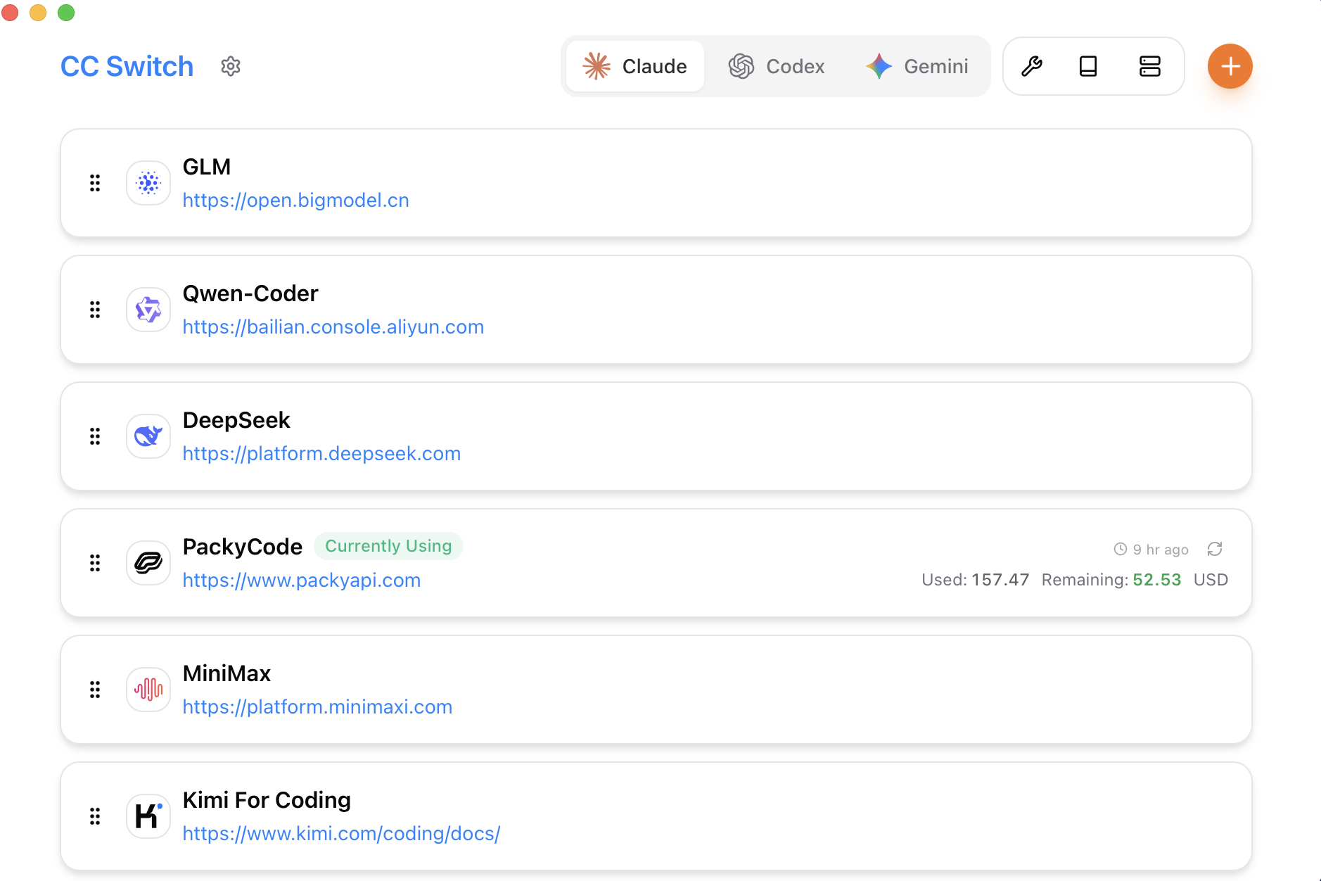 CC Switch dashboard showing configured providers for multiple AI coding tools
